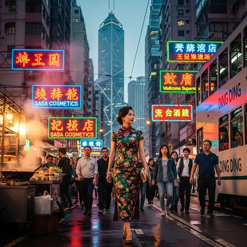 Elegant East Asian Woman in Vibrant Cheongsam, Hong Kong City Scene