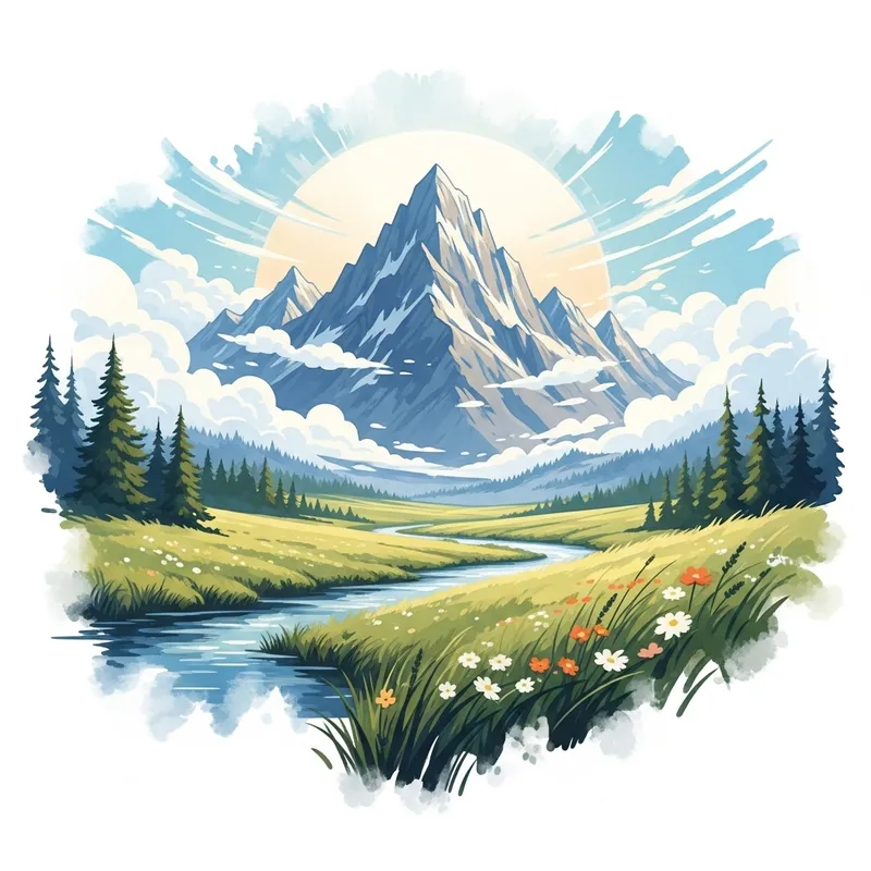 Beautiful Watercolor Landscape with Mountain Range and River