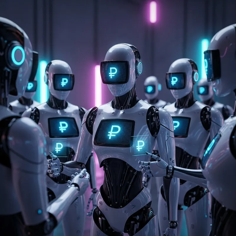 Digital Robots Exchanging Digital Rubles in Futuristic Setting