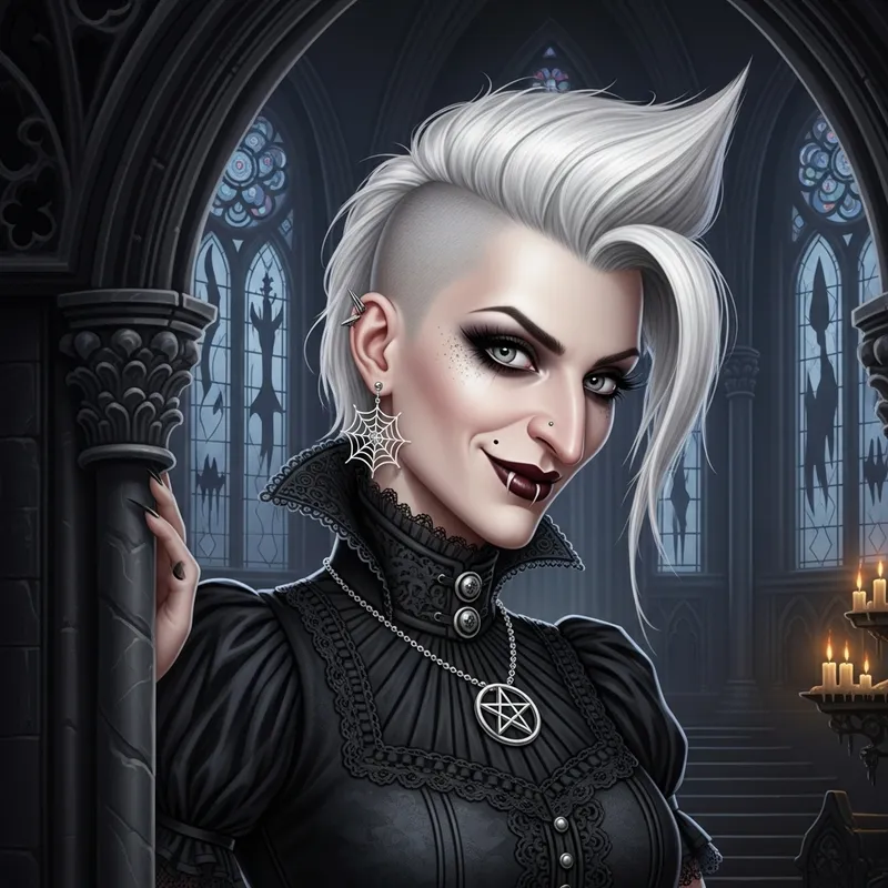 Beautiful Gothic Woman with Punk White Hair and Mischievous Grin