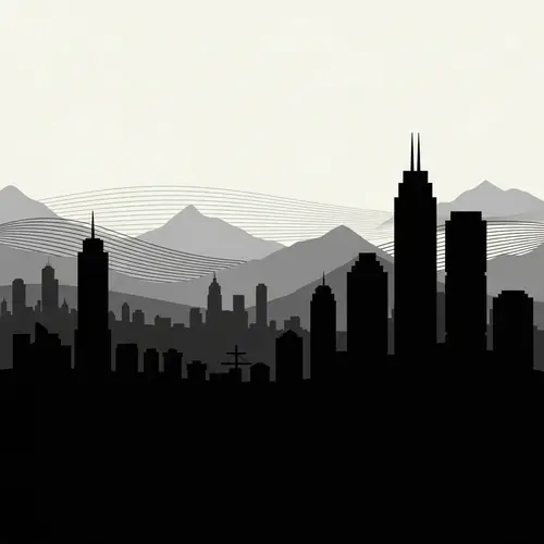 Simple Building Silhouettes with Mountain Backdrop
