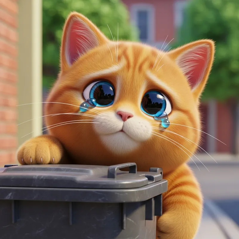 Chubby Ginger Kitten Behind Garbage Bin | Playful 3D Cartoon Cat