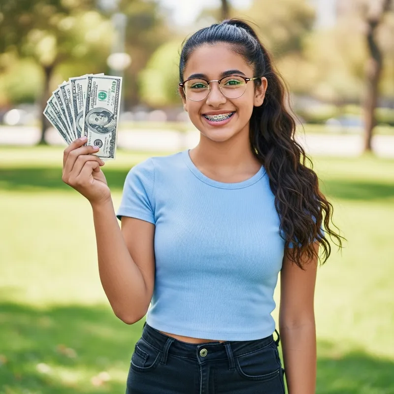 Hispanic Teenage Girl Celebrating with Money | Park Scene