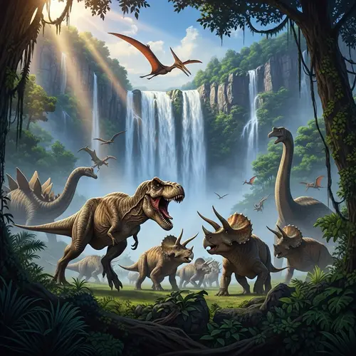 Ferocious Dinosaurs Near Majestic Waterfall in 8K