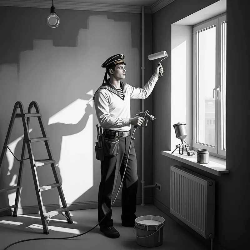 Vintage Russian Sailor Painting Walls in Renovated Apartment