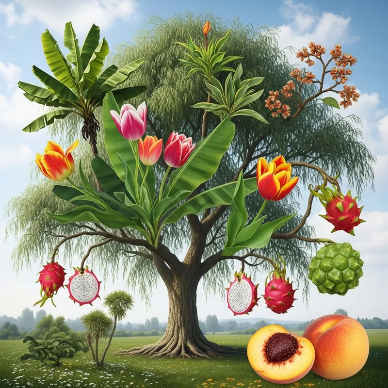 Miraculous Hybrid Plant: Oak Trunk, Willow Branches, Banana Leaves, Tulip Flowers & Exotic Dragon Fruit-Peach Fruits