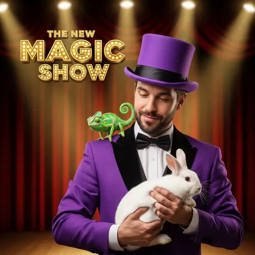 Magician in Purple Suit with Rabbit - The New Magic Show