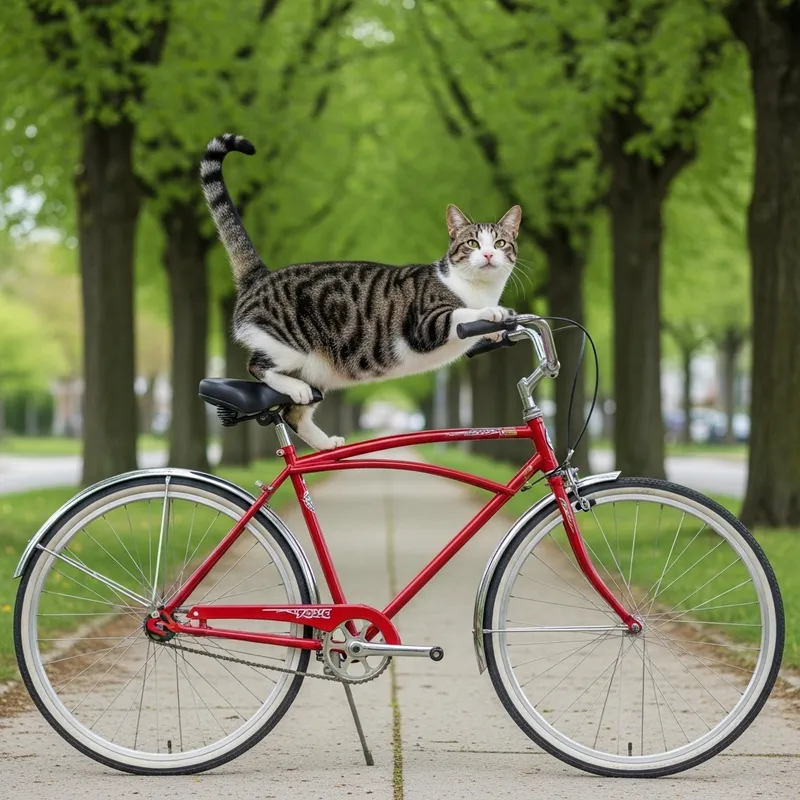 Cat Riding Bicycle | Lush Suburban Scene