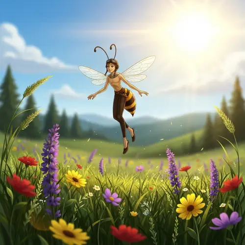 Skinny Bee in a Sunny Meadow - Nature Illustration