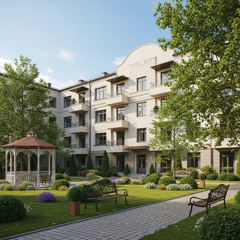 Avant-Garde Residential Building Facade with Landscape, Gazebo, and Garden Avant-Garde Residential Building Facade with Landscape, Gazebo, and Garden