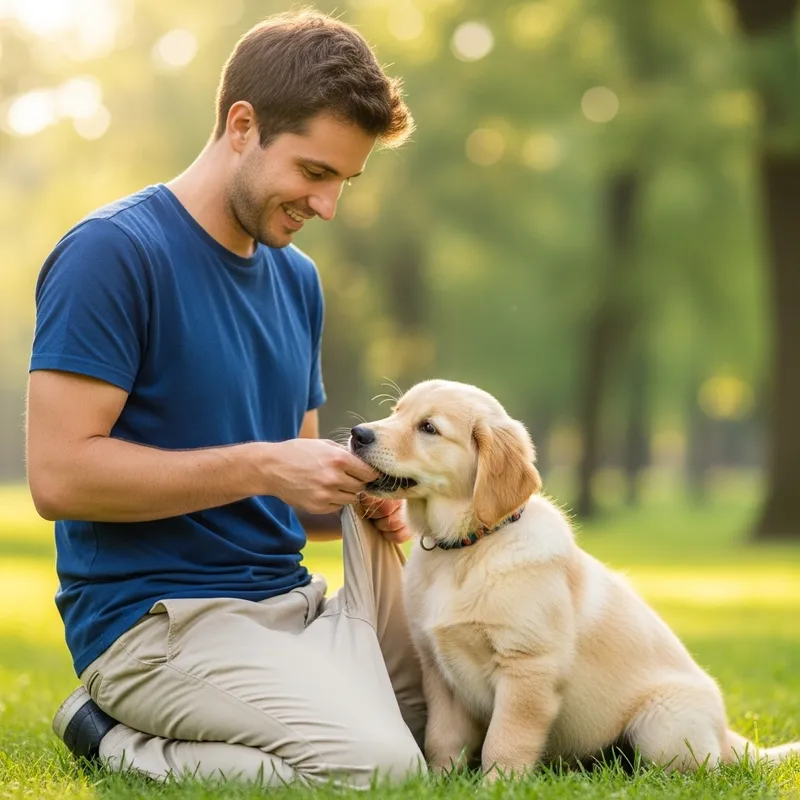Playful Puppy Biting Pants in a Sunny Park