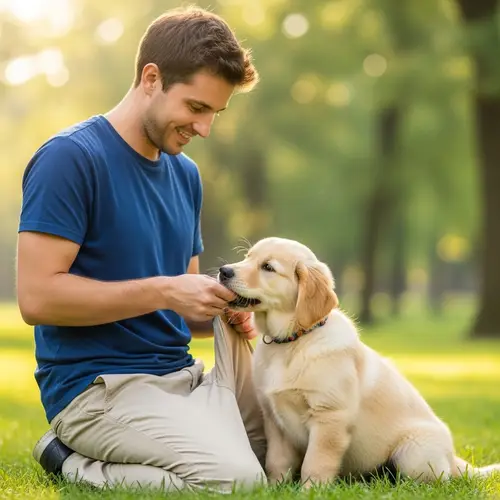 Playful Puppy Biting Pants in a Sunny Park