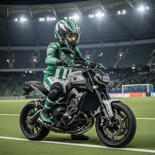 Green and White Soccer Team Mascot Riding Yamaha MT-09 Motorcycle