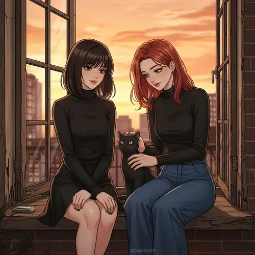 Detailed Manhwa Style Sunset Image of Two Beautiful Girls