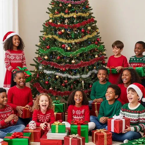 Joyful Christmas Tree Celebration with Children of All Races