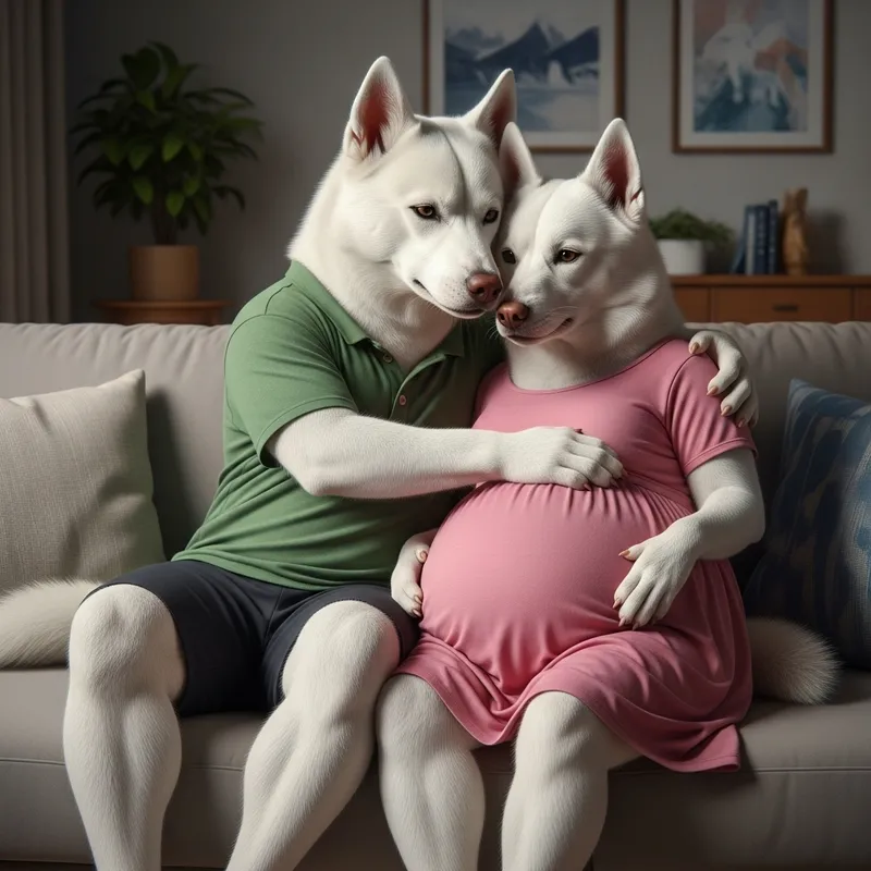 Heartwarming Husky Dogs Pregnancy Embrace - Realistic Connection