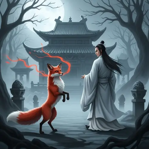 Mystic Scene featuring Fox Spirit and Bai Wuchang in Chinese Folklore