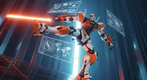 Dynamic Orange and White Gundam in Action | Futuristic Infographic Style