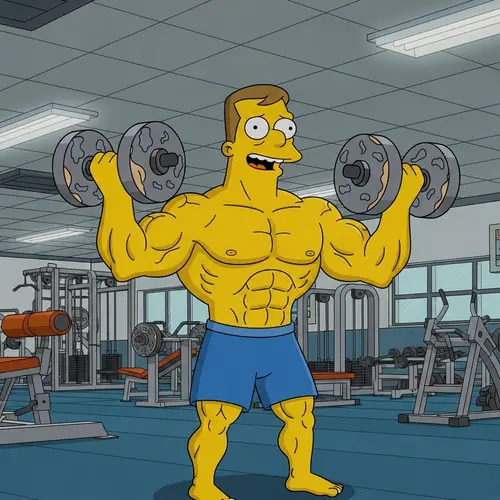 Homer Simpson bodybuilder, donut-shaped dumbbells in hands