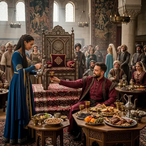 Medieval Palace Scene with Diverse Crowd | Historical Art