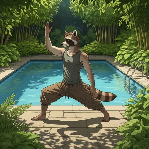 Male Raccoon Demi-Human Doing Yoga by Pool