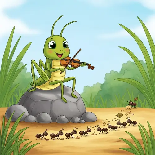 Cheerful Grasshopper Playing Fiddle and Ants Gathering Food | Kids' Storybook Scene