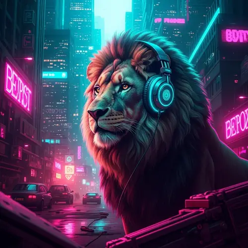 Cyberpunk Lion with Headphones: Futuristic Art