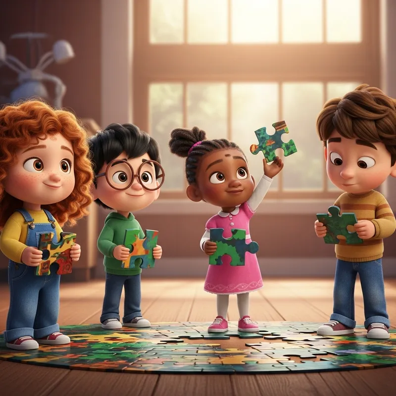Diverse Kids Holding Pixar Puzzle Pieces Diverse Kids Holding Pixar Puzzle Pieces