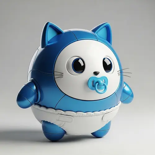 Round Robotic Cat with Blue Body and White Face
