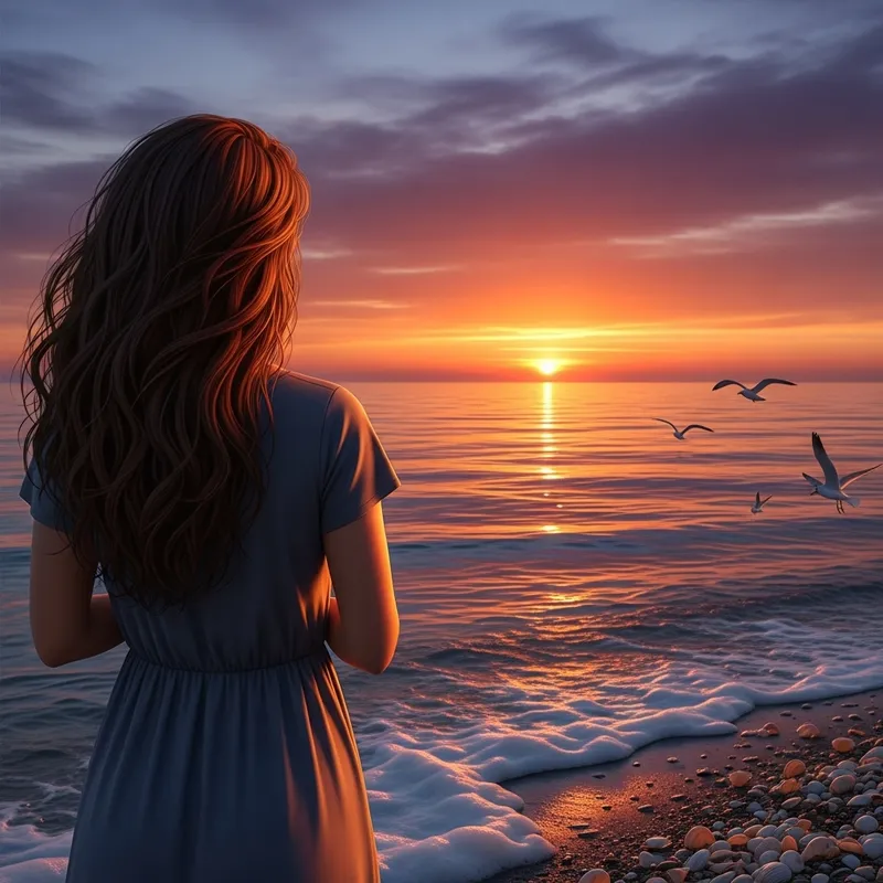 Realistic Photo of Beautiful Brunette at Beach