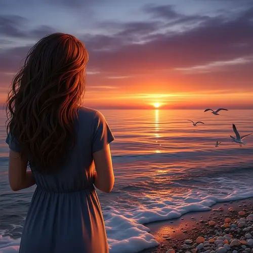 Beautiful Brunette Woman at Sunset Beach