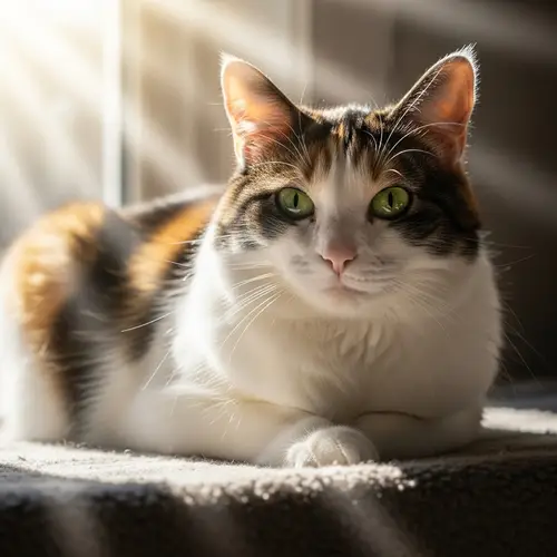 Gorgeous Fluffy Calico Cat Basking in Morning Sunlight