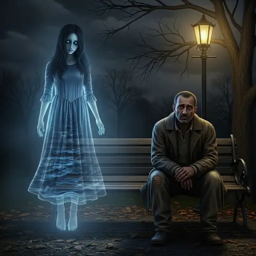 Haunting Night Scene with Phantom Girl and Sad Man
