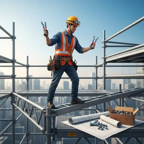 Skilled East Asian Scaffolder at Urban Construction Site