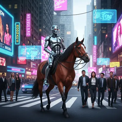 Futuristic Robot Riding Horse in Bustling Cityscape