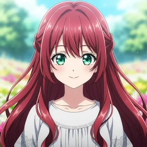 Emerald Eyes, Red Hair Girl - Anime Style Very Long Hair