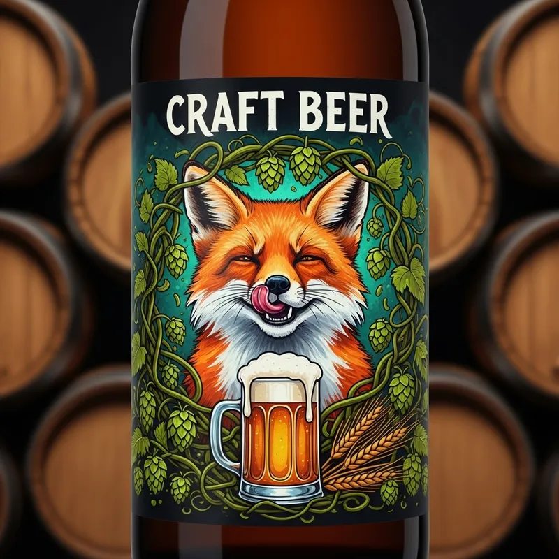 Craft Beer Label Design with Fox and Barley, Artistic Style Craft Beer Label Design with Fox and Barley, Artistic Style