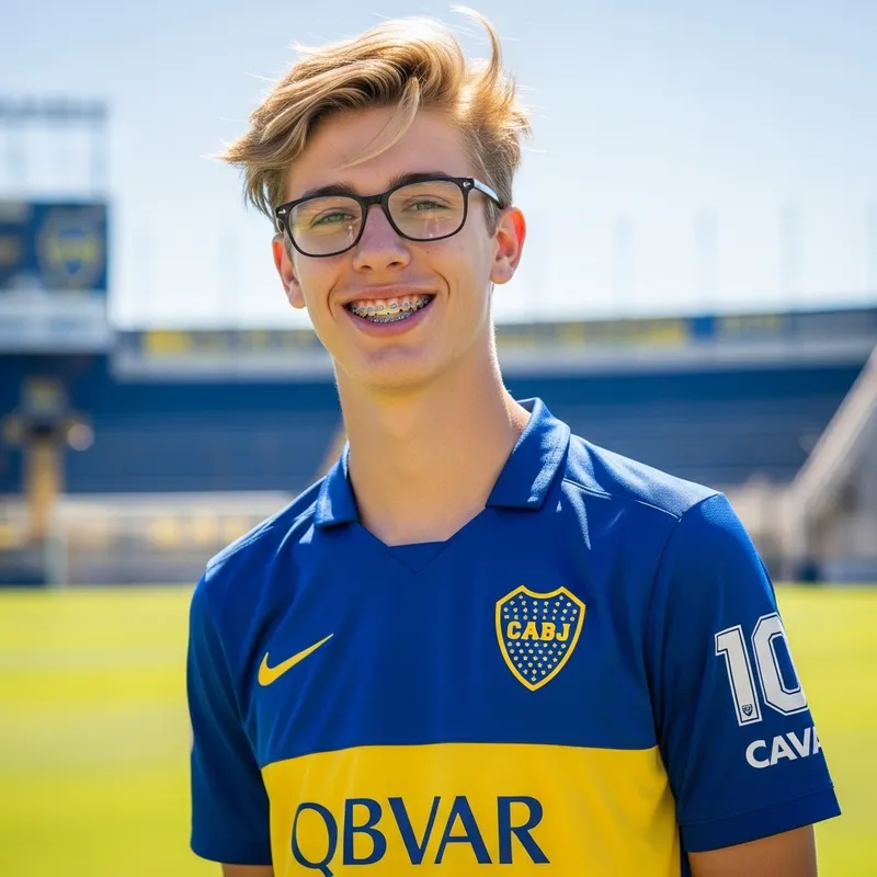 Tall Teenage Boy with Blonde Hair, Glasses and Braces in Boca Juniors Shirt