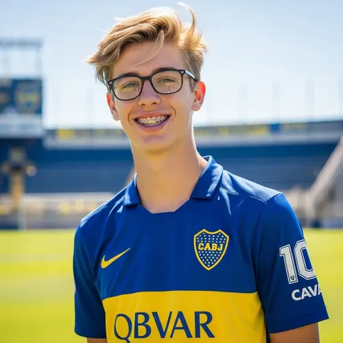 Tall Teenage Boy with Blonde Hair, Glasses and Braces | Boca Juniors Shirt