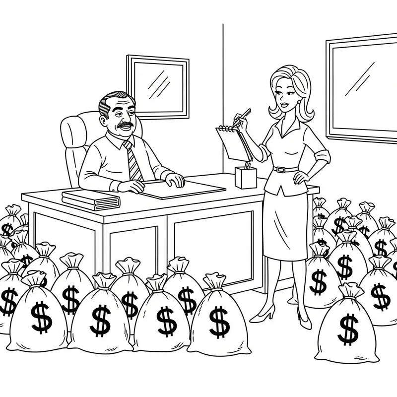 Comical BW Cartoon: Manager & Female Secretary in Office with Hemp Sacks Comical BW Cartoon: Manager & Female Secretary in Office with Hemp Sacks