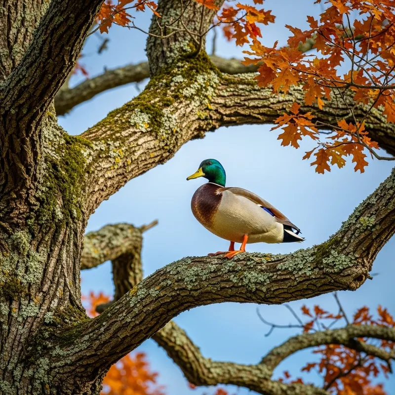 Majestic Duck Perched on Oak Tree Branch | Nature's Beauty