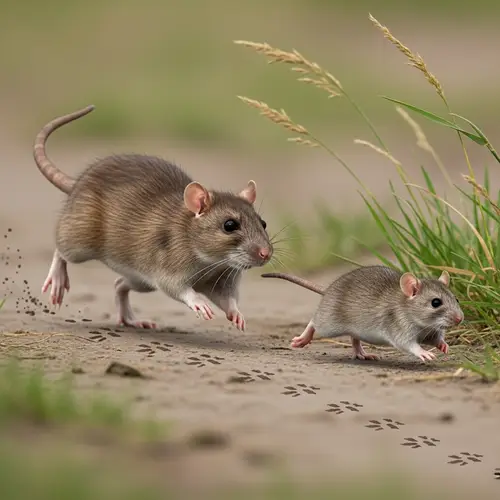 Brown Rat Chasing Grey Rat in Outdoor Scene