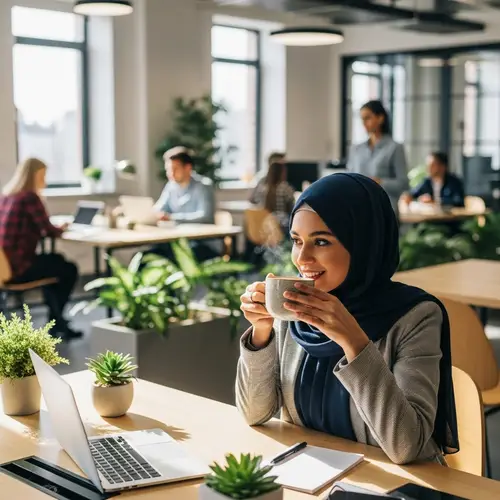 Young Muslim Woman Sipping Coffee in Open-Plan Office
