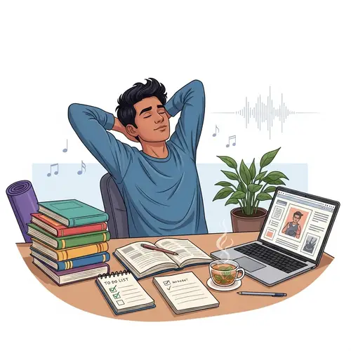 Serene South Asian Male Student Managing Stress Through Study