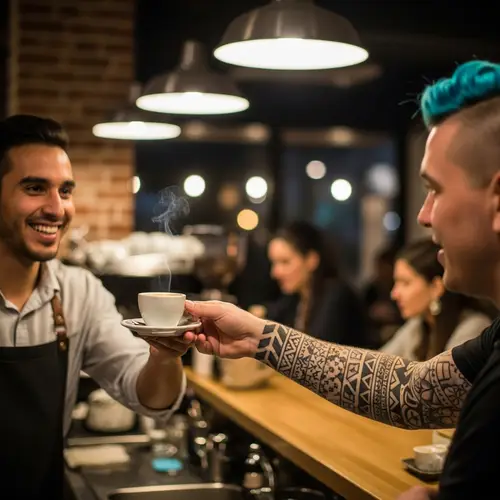 Smiling Barista Serving Espresso to Customer in Cozy Evening Cafe
