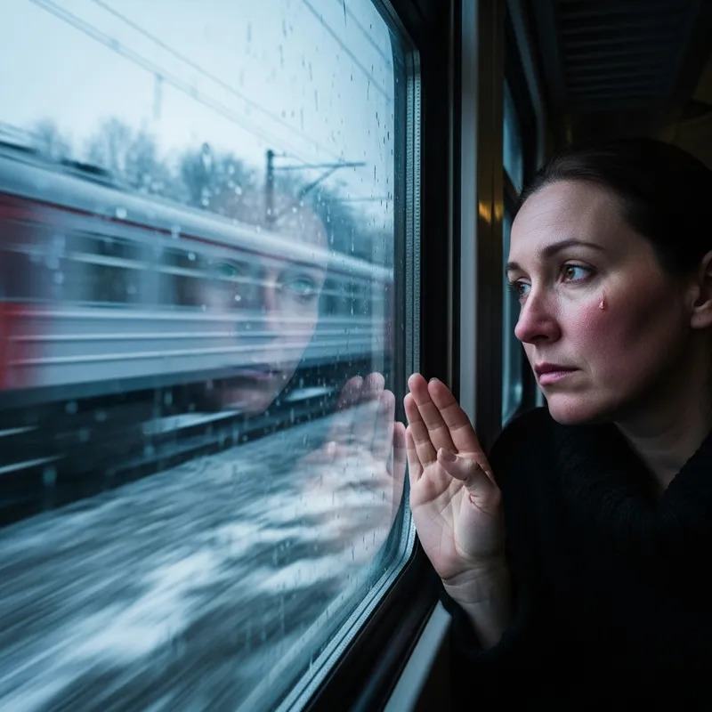 Woman Contemplating Train Rushing By in the Frigid Wind