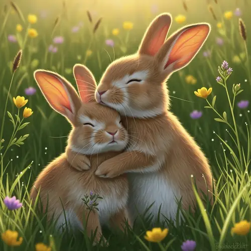 Adorable Young Rabbit Hugging Another Bunny