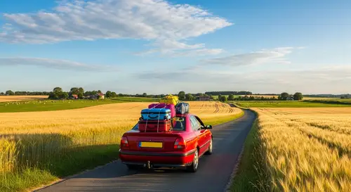Red Sedan Car Traveling Through Serene Countryside