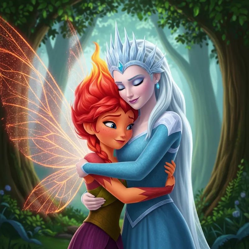 Bloom Fairy and Elsa Frozen Embracing in Forest | Fantasy Art Bloom Fairy and Elsa Frozen Embracing in Forest | Fantasy Art
