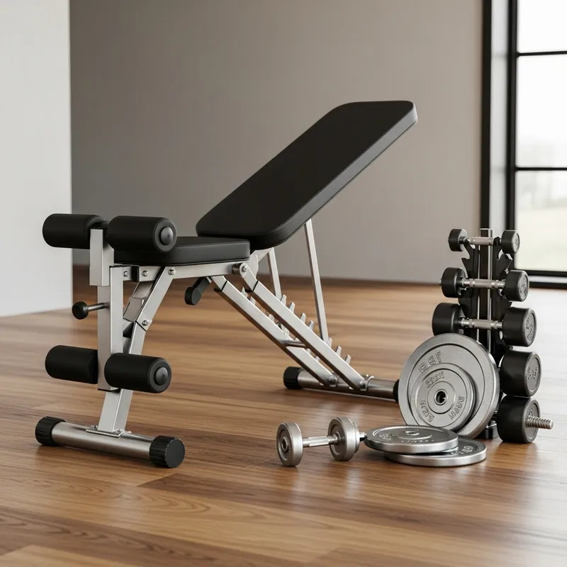 Foldable Fitness Bench & Weights: Home Gym Scene